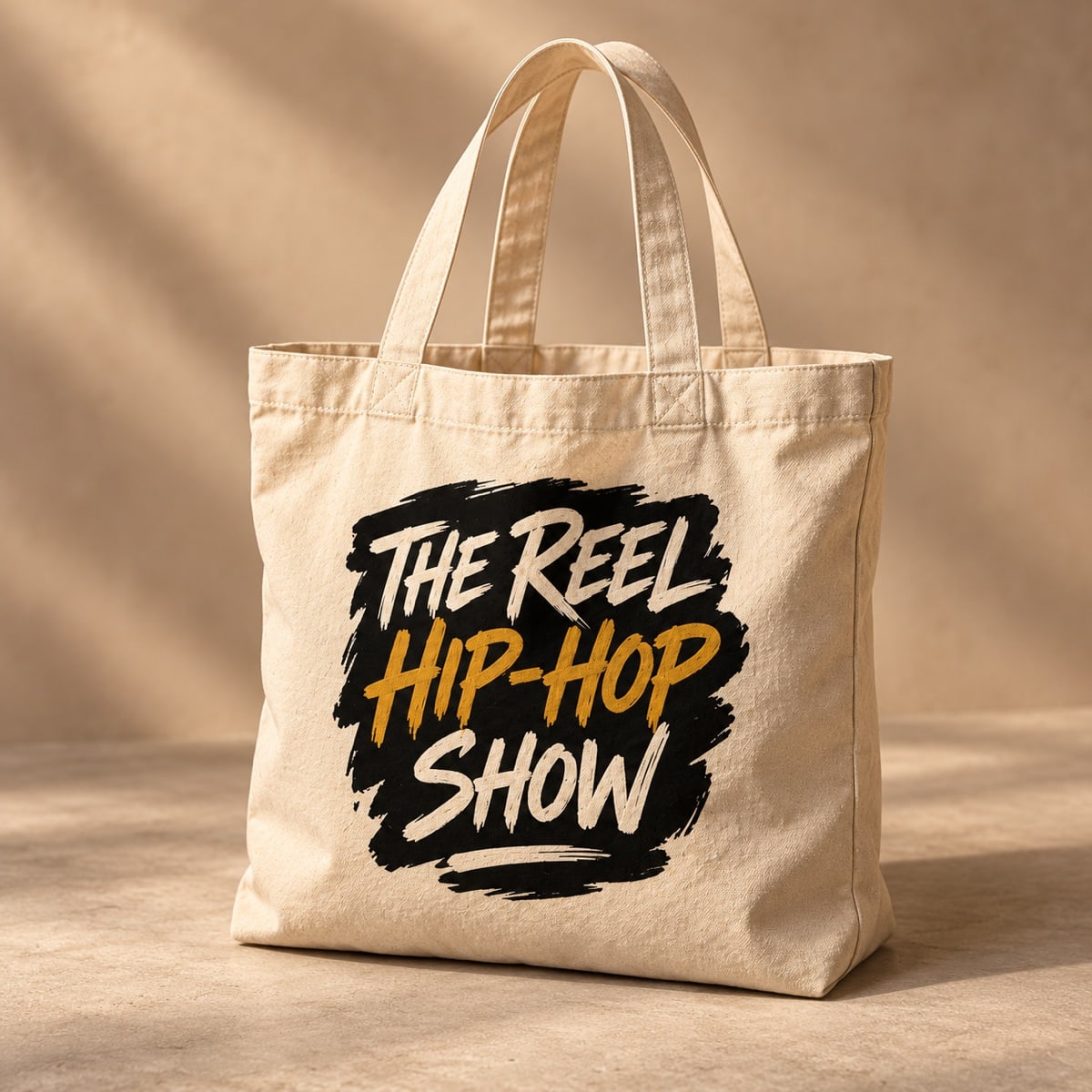Original concept natural tote bag with The Reel Hip Hop Show brush-lettered artwork