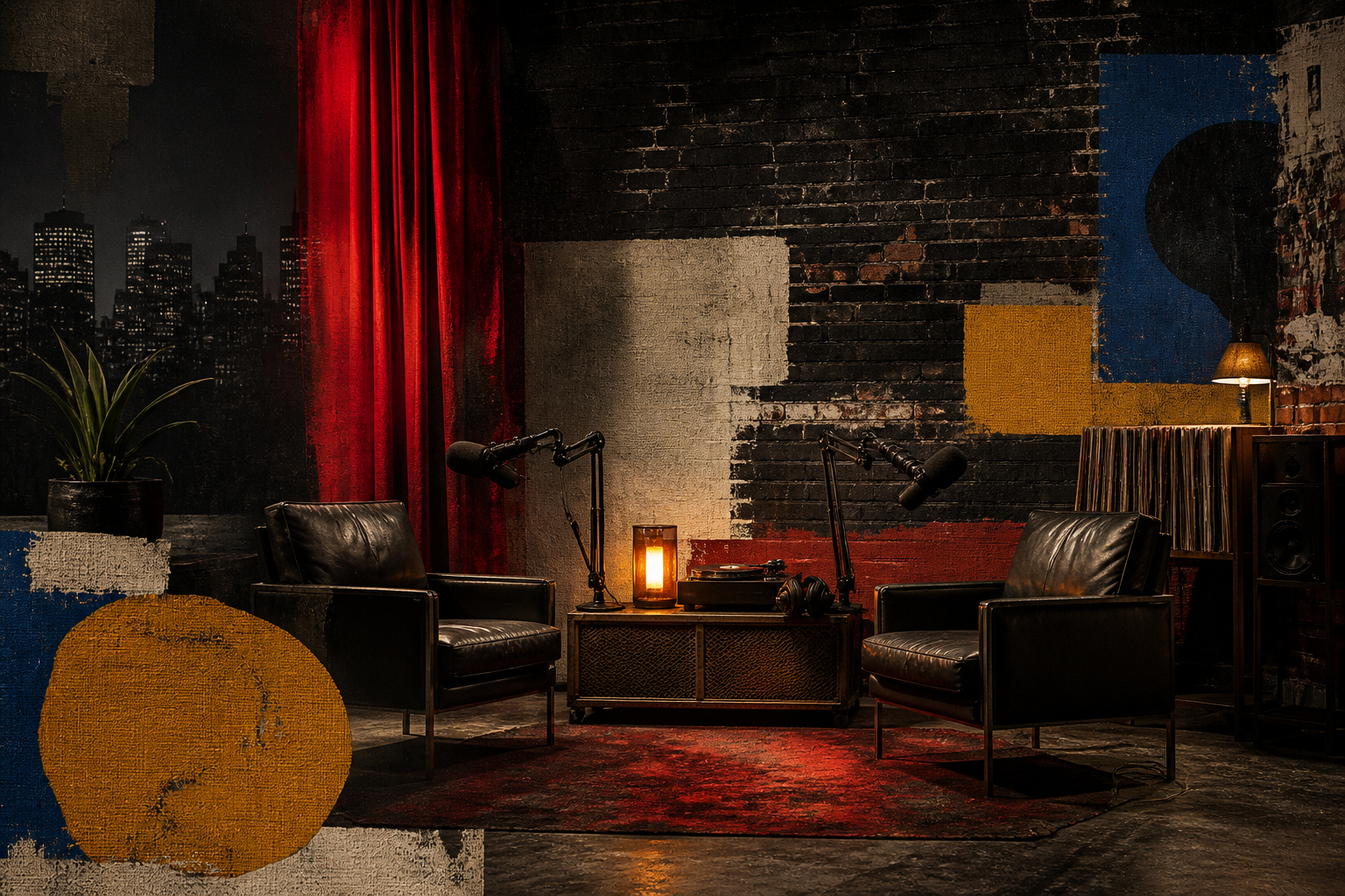 A warm hip-hop interview studio with two microphones