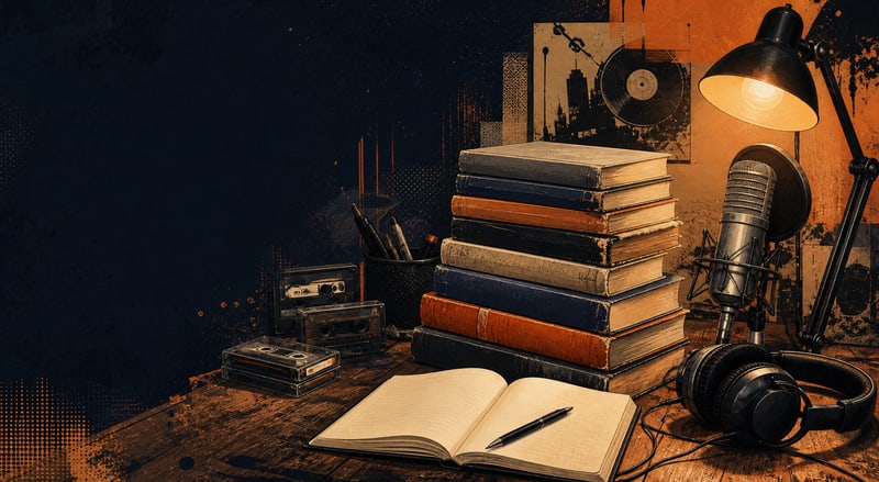 Books, an open notebook and podcast microphone on a writer's desk
