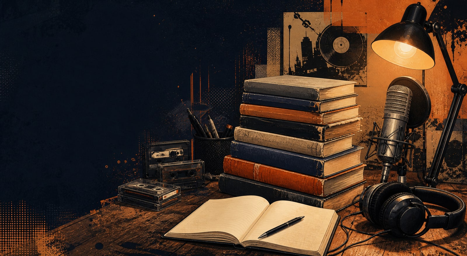 Books, a notebook and podcast microphone representing Writers Blokk