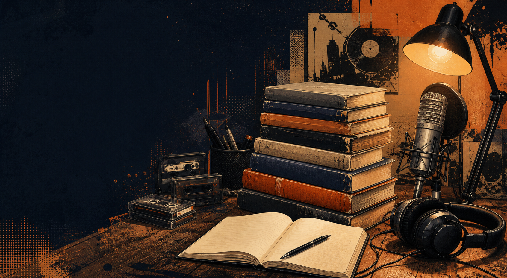 Books, an open notebook and podcast microphone on a writer's desk